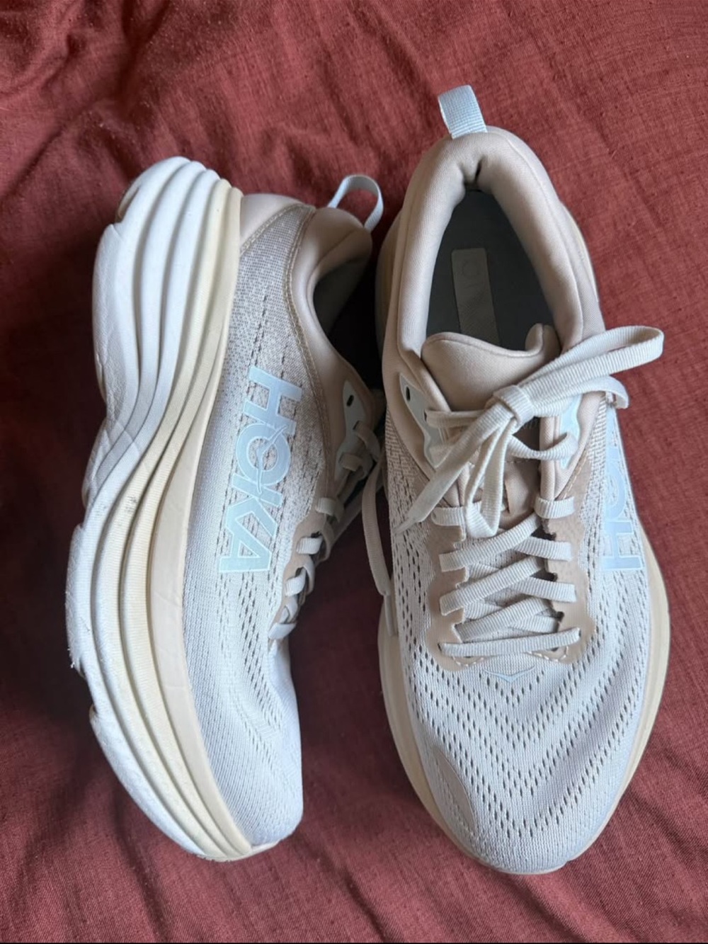 Hoka Women's Running Shoes - Beige with Light Blue Logo